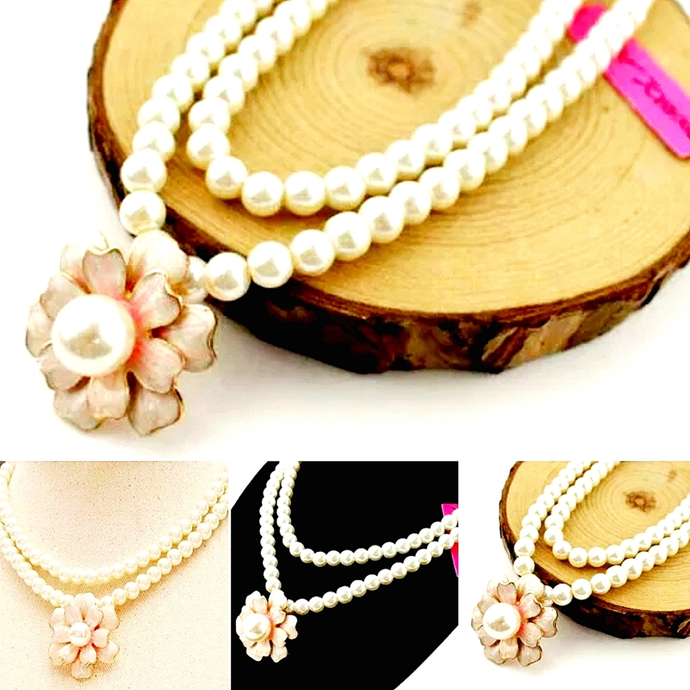 Double layer enamel pearl flower necklace